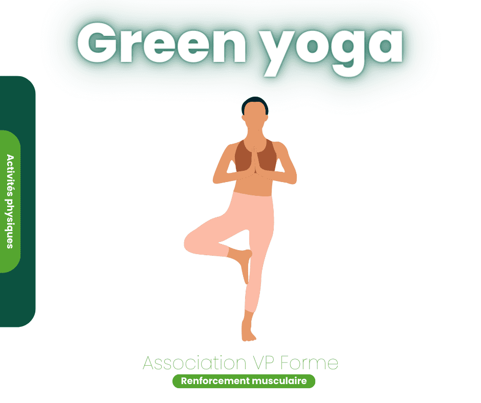 Personne pratiquant le yoga, logo Green Yoga.